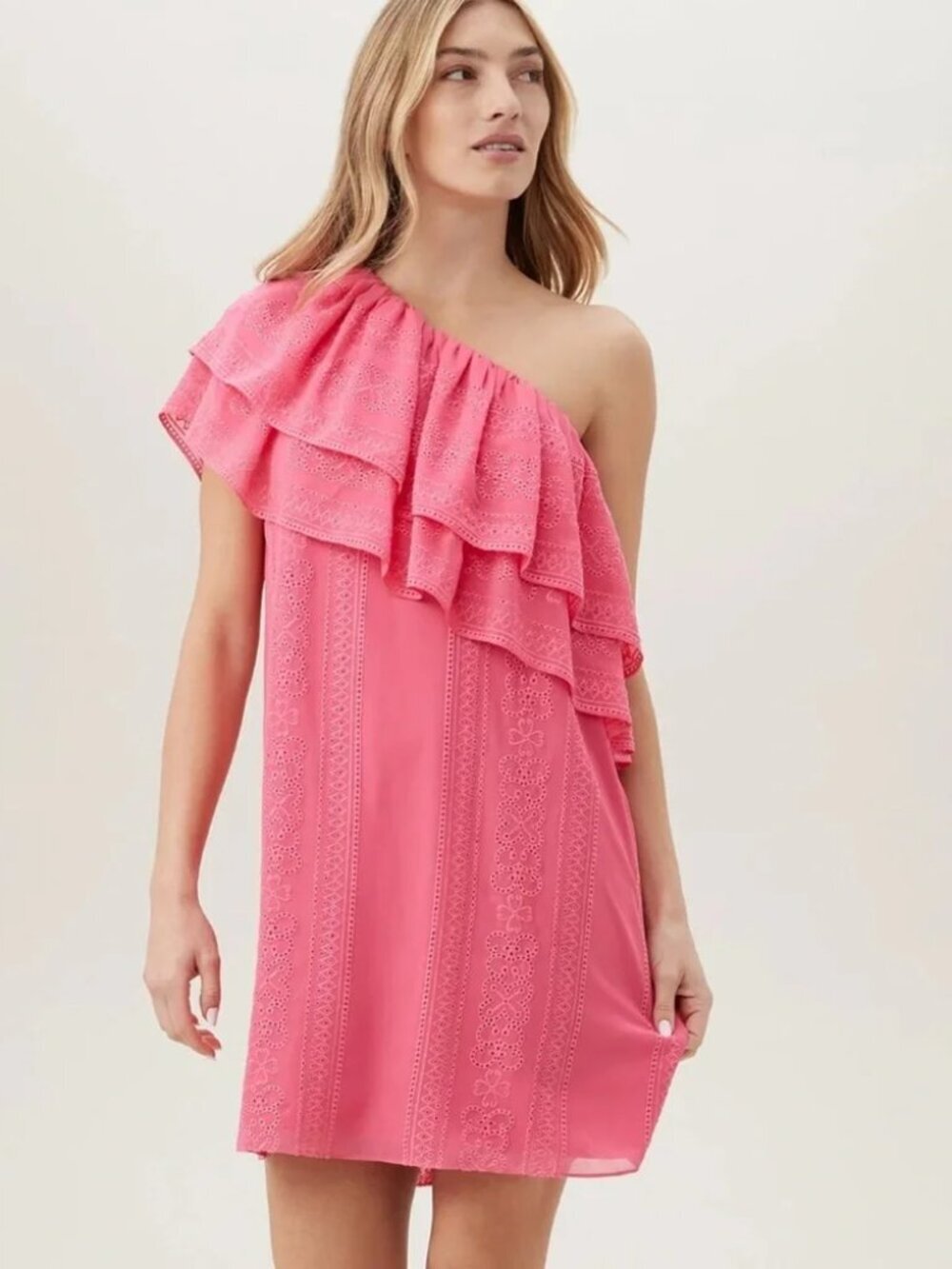 Trina Turk Phebe Hot Pink One-Shoulder Ruffle Embroidered Shift Dress. Sz: L